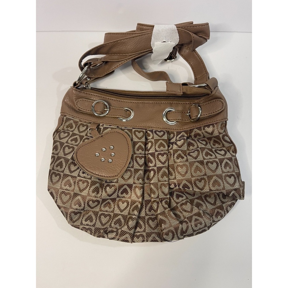 Brown Heart Monogram Jacquard Crossbody Bag Faux Leather Studded Heart Charm